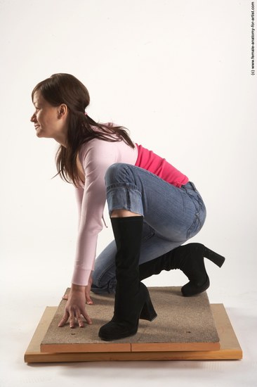 Casual Woman White Kneeling poses - ALL Slim Kneeling poses - on one knee long brown Academic