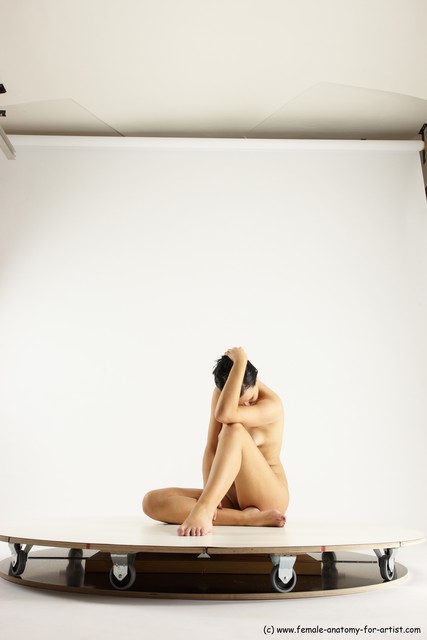 Nude Woman White Sitting poses - ALL Slim long brown Sitting poses - simple Multi angle poses