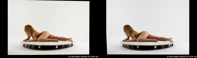 Nude Woman White Laying poses - ALL Slim Laying poses - on stomach long red 3D Stereoscopic poses