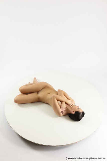 Nude Woman White Laying poses - ALL Slim Laying poses - on back long brown Multi angle poses