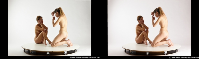 Nude Woman - Woman White Kneeling poses - ALL Slim Kneeling poses - on both knees long blond Dynamic poses 3D Stereoscopic poses