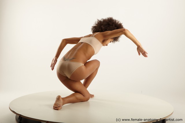 Underwear Woman Black Kneeling poses - ALL Slim Kneeling poses - on one knee medium brown