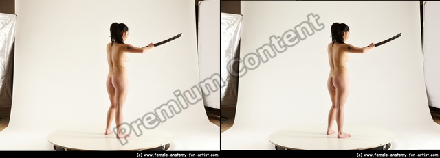 Nude Fighting with sword Woman Asian Sitting poses - ALL Average long black Sitting poses - simple 3D Stereoscopic poses