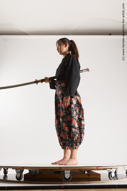 Sportswear Fighting with sword Woman Asian Slim long black Multi angle poses