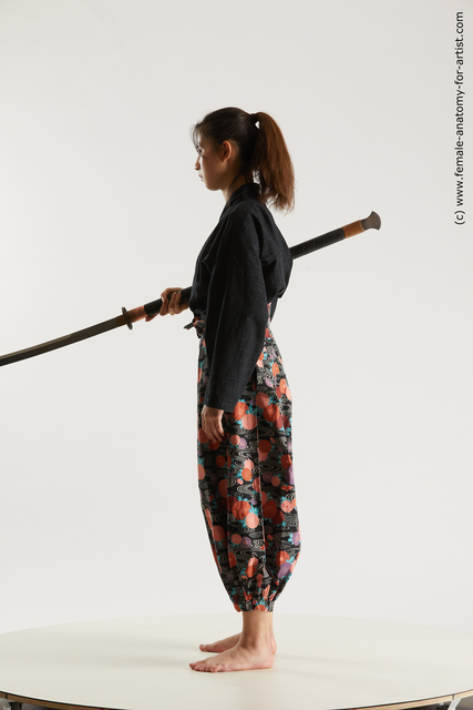 Sportswear Fighting with sword Woman Asian Slim long black Multi angle poses