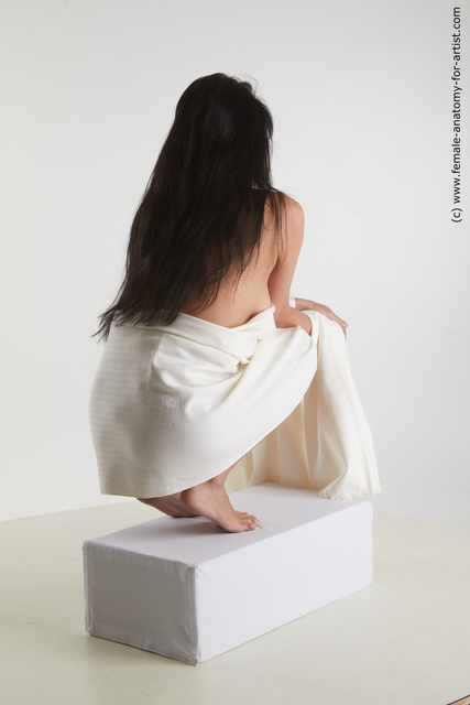 Nude Woman White Kneeling poses - ALL Slim Kneeling poses - on both knees long black Standard Photoshoot